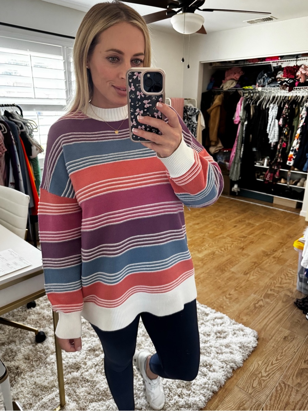 Striped Crewneck Sweater in Pink, Purple, Coral, and Blue